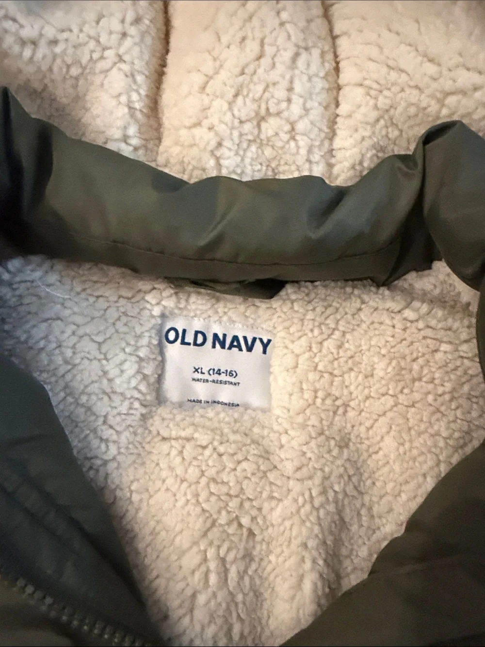 Kids Hooded Winter Parka Coat - Olive Green and cream puffer
